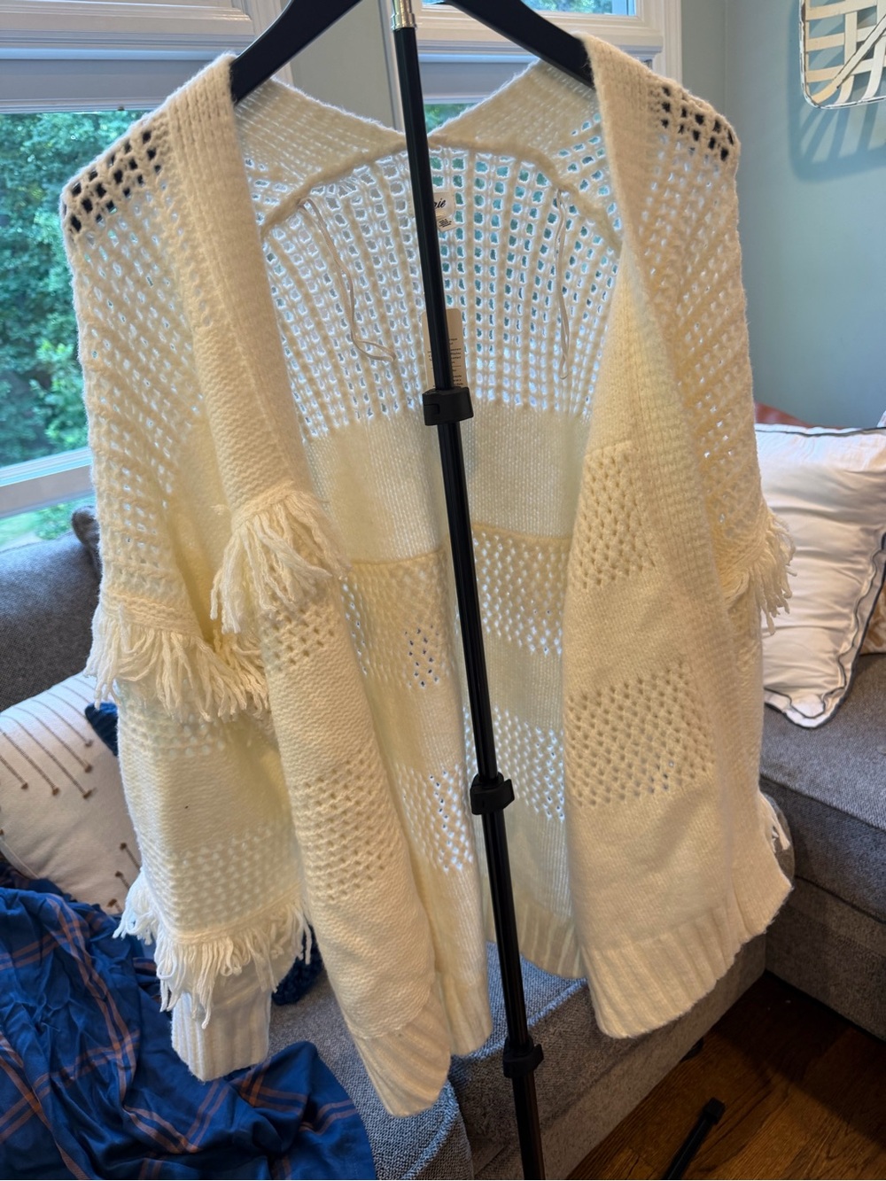 Aerie Cream Open-Weave Fringe Cardigan